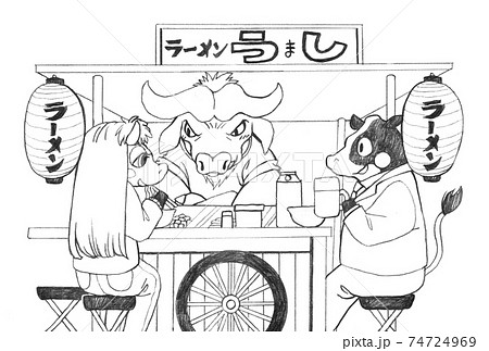屋台でラーメンを食べる牛たちの線画のイラスト素材