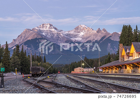 Banff Railway Station in summer evening. Banff National Park, Canadian Rockies. Banff, Alberta, Canada. 74726695