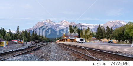 Banff Railway Station in summer evening. Banff National Park, Canadian Rockies. Banff, Alberta, Canada. 74726696