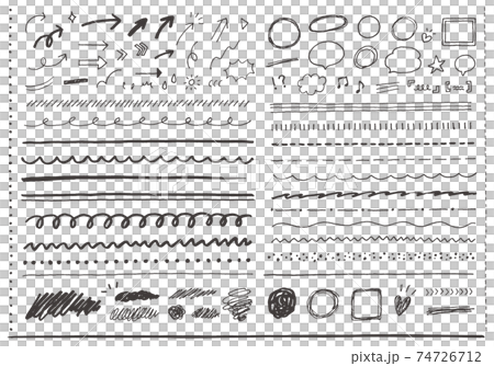 いろんな手描きの線や矢印 吹き出しのセット 白背景 のイラスト素材