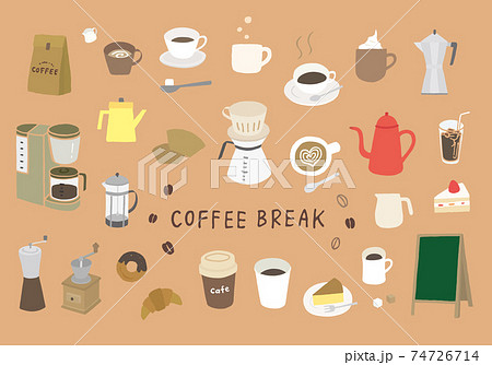コーヒーやコーヒーグッズにまつわる手描きイラストセット（カラー/輪郭線なし） 74726714