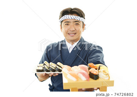 笑顔の寿司職人の写真素材