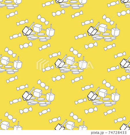 Seamless pattern with dreidel, coins, sweets. Seamless pattern with dreidel, coins, sweets. 74728433