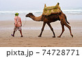 walking man with tourist camel on leash on seaside background 74728771