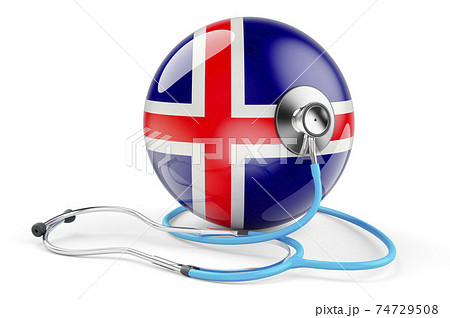 Icelandic flag with stethoscope. Health care in Iceland concept, 3D rendering Icelandic flag with stethoscope. Health care in Iceland concept, 3D rendering 74729508