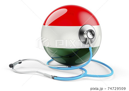 Hungarian flag with stethoscope. Health care in Hungary concept, 3D rendering Hungarian flag with stethoscope. Health care in Hungary concept, 3D rendering 74729509