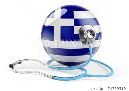 Greek flag with stethoscope. Health care in Greece concept, 3D rendering Greek flag with stethoscope. Health care in Greece concept, 3D rendering 74729510