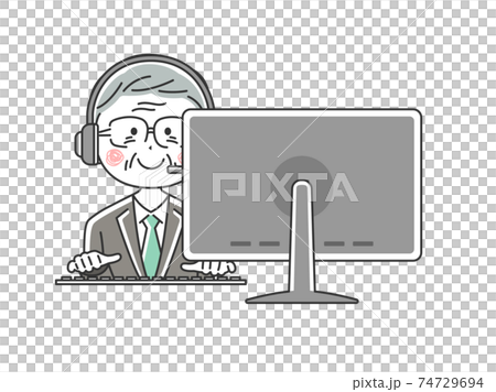 カスタマーセンターで働く年配の日本人男性オペレーターのイラストのイラスト素材