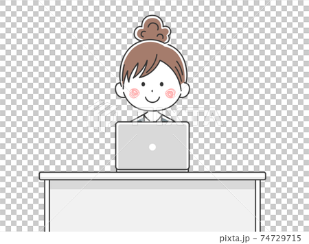 Illustration of a Japanese business woman working on a laptop 74729715