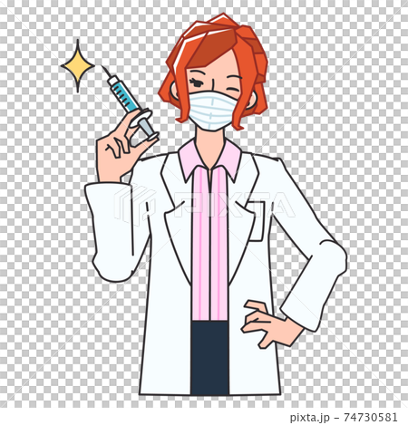 マスクをしたお医者さんが注射器を構えているイラストのイラスト素材