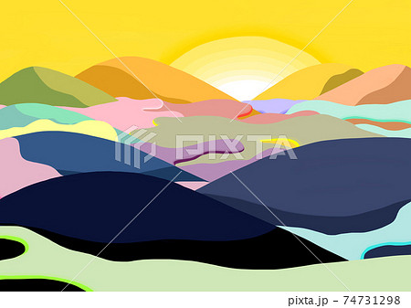 朝日に照らされたカラフルで抽象的な山と雲と空の風景画背景イラストのイラスト素材