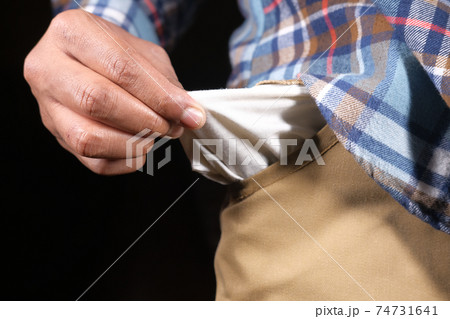 young man shows empty pant pocket with copy space young man shows empty pant pocket with copy space 74731641