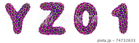 Realistic 3D letters set Y, Z and numbers 0, 1 made of gold shining metal letters. 74732633