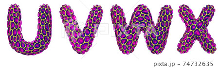 Realistic 3D letters set U, V, W, X made of gold shining metal letters. 74732635