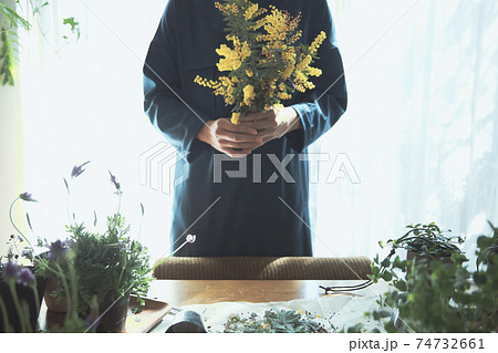 黄色の花のミモザを持つ女性 74732661