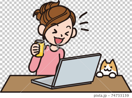 在線飲酒派對_婦女和貓 74733139