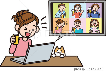 オンライン飲み会_女性と猫 オンライン飲み会_女性と猫 74733140