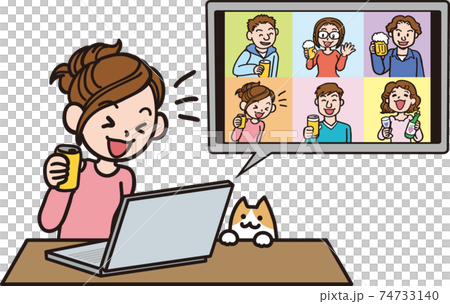 オンライン飲み会_女性と猫 オンライン飲み会_女性と猫 74733140