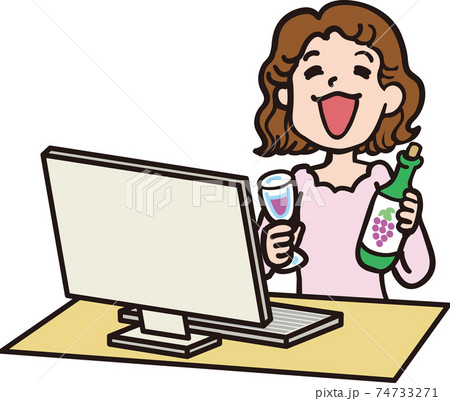 オンライン飲み会_パソコンとワインと女性 オンライン飲み会_パソコンとワインと女性 74733271