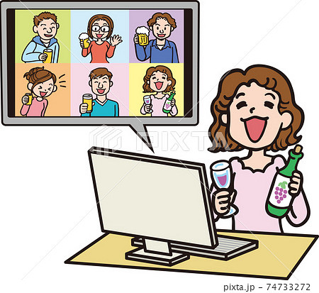 オンライン飲み会_パソコンとワインと女性 74733272