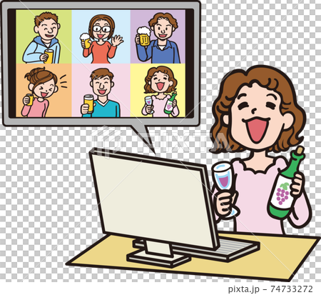 オンライン飲み会_パソコンとワインと女性 74733272