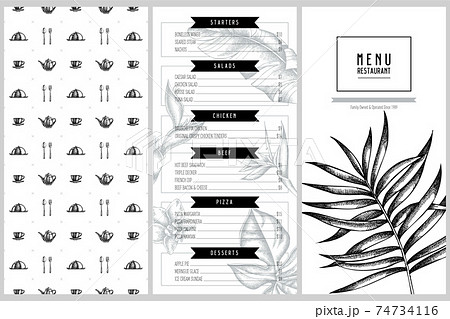 Vintage menu design with monstera, banana palm leaves, strelitzia, heliconia, tropical palm leaves Vintage menu design with monstera, banana palm leaves, strelitzia, heliconia, tropical palm leaves 74734116