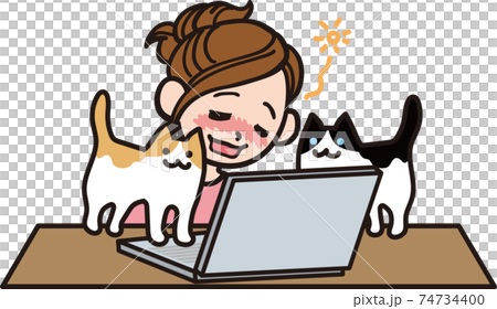 オンライン飲み会後半酔った女性と飼い猫2匹 74734400