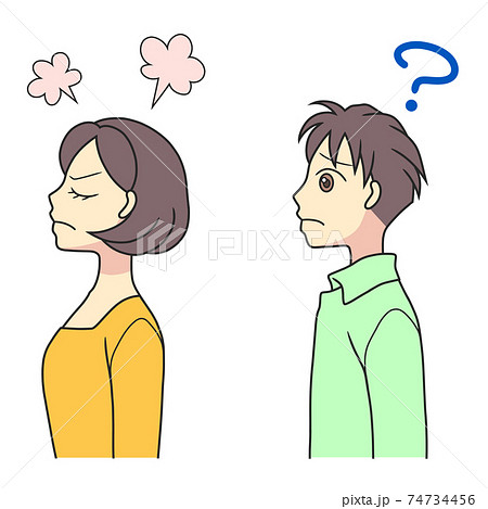 怒って背中を向ける若い女性と、理由が分からず困る若い男性 怒って背中を向ける若い女性と、理由が分からず困る若い男性 74734456