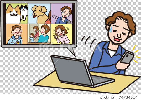 オンライン飲み会後半こっそりスマホを見る男性 74734514