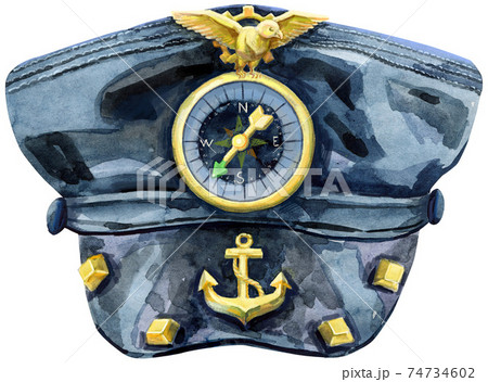 Watercolor black leather cap with an compass on a white background 74734602