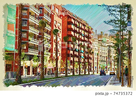 スペイン バルセロナの街並みのイラスト素材