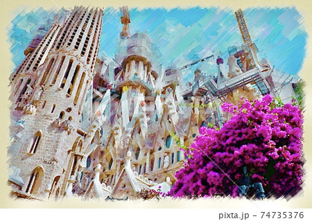 スペイン バルセロナの街並みのイラスト素材