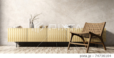 Interior design of living room with wooden cabinet and armchair, modern home 3d rendering Interior design of living room with wooden cabinet and armchair, modern home 3d rendering 74736104