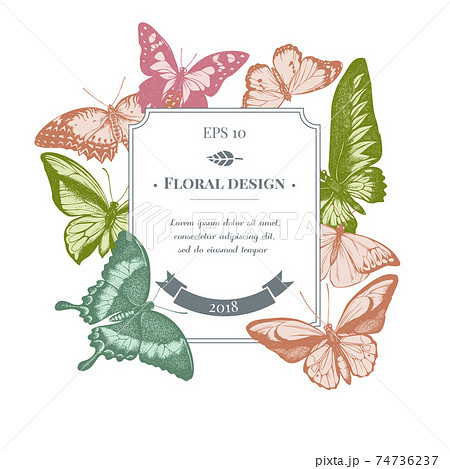 Badge design with pastel red lacewing, wallace s golden birdwing, purple spotted swallowtail, great 74736237