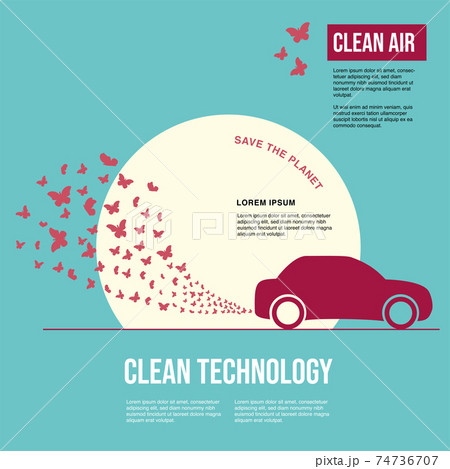 Red car. Exhaust gases in the form of a cloud of butterflies. Environmental protection concept. Poster Red car. Exhaust gases in the form of a cloud of butterflies. Environmental protection concept. Poster 74736707