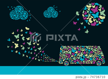 A bus in the form of a cloud of butterflies. Sun in the form of a cloud of butterflies. Exhaust fumes in the form of a cloud of butterflies. Environmental protection concept. Poster A bus in the form of a cloud of butterflies. Sun in the form of a cloud of butterflies. Exhaust fumes in the form of a cloud of butterflies. Environmental protection concept. Poster 74736710