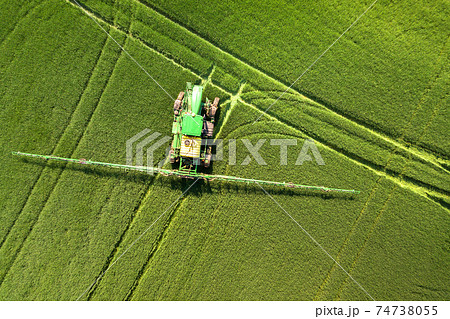 Tractor spraying chemical pesticides with sprayer on the large green agricultural field at spring. 74738055