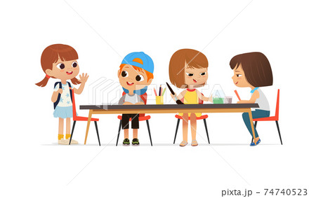 New pupil greeting classmates sitting at table. Boys and Girls draw picture with watercolor and pencils. Drawing activity in the art class. Boy and Girl Draw Pictures with paints and pencils New pupil greeting classmates sitting at table. Boys and Girls draw picture with watercolor and pencils. Drawing activity in the art class. Boy and Girl Draw Pictures with paints and pencils 74740523