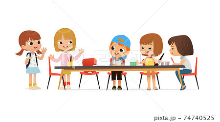 New pupil greeting classmates sitting at table. Boys and Girls draw picture with watercolor and pencils. Drawing activity in the art class. Boy and Girl Draw Pictures with paints and pencils New pupil greeting classmates sitting at table. Boys and Girls draw picture with watercolor and pencils. Drawing activity in the art class. Boy and Girl Draw Pictures with paints and pencils 74740525