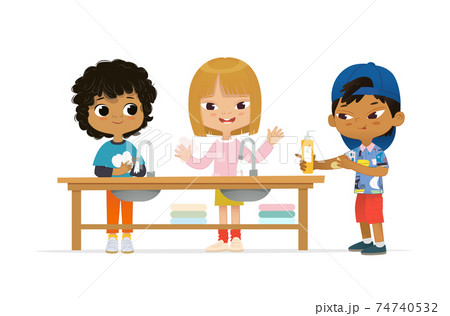 Prevents the flu and infection from the covid-19. Wash your hands illustration. Multicultural Children wash their hands. Health care concept vector illustration Prevents the flu and infection from the covid-19. Wash your hands illustration. Multicultural Children wash their hands. Health care concept vector illustration 74740532