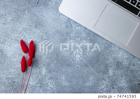 Home office table desk workspace with laptop decorated with red flower Home office table desk workspace with laptop decorated with red flower 74741595