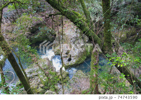 中央の岩にあいた産釜とその左に産盥（天岩戸神社）／宮川（京都府福知山市） 74743590