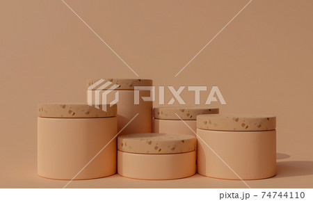 3d render group of empty cylinder podiums on orange background. Abstract minimal scene for product mock up design. 74744110