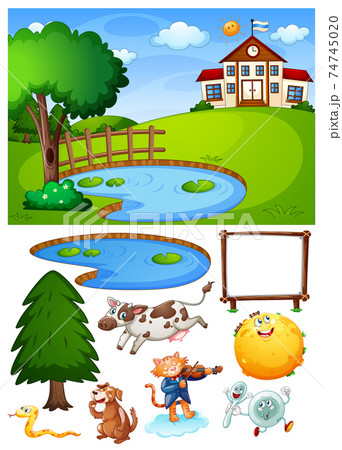 School scene with isolated cartoon character and objects 74745020
