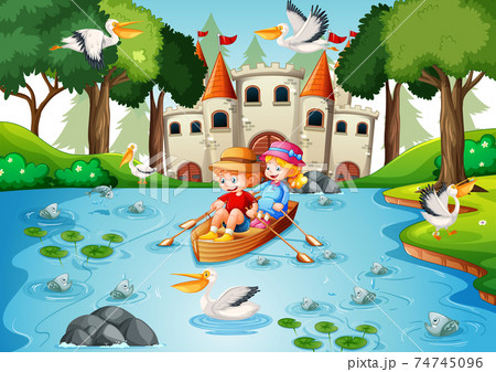 Two children row the boat in the river park scene Two children row the boat in the river park scene 74745096