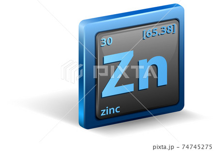 Zinc chemical element. Chemical symbol with atomic number and atomic mass. 74745275