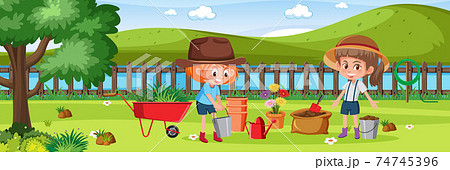 Girls gardening in nature Girls gardening in nature 74745396