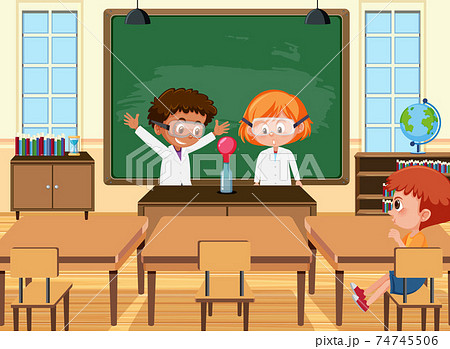 Young student doing science experiment in the classroom scene 74745506