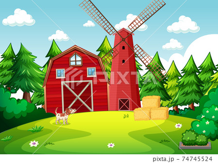 Background scene with red barn and windmill in the farm 74745524