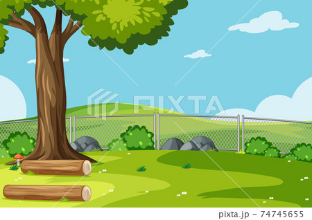 Empty park scene with tree and bushes 74745655